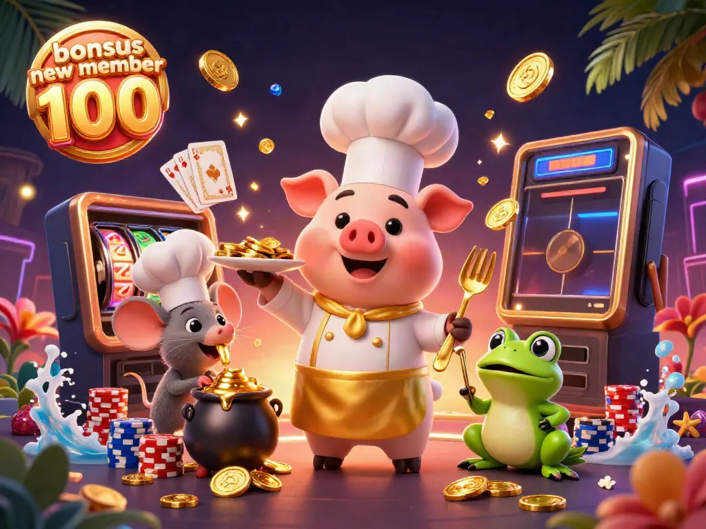 Engaging illustration showcasing bonus new member 100 with casino-themed characters and elements.
