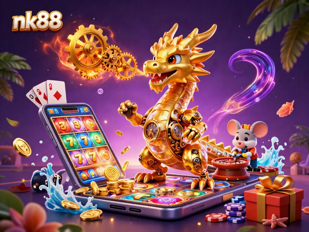 Spin reels and win big with nk88 in this vibrant 3D casino scene featuring a golden dragon.