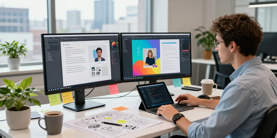 Developer using an AI image generator in a modern tech workspace with vibrant visuals and collaborative elements.