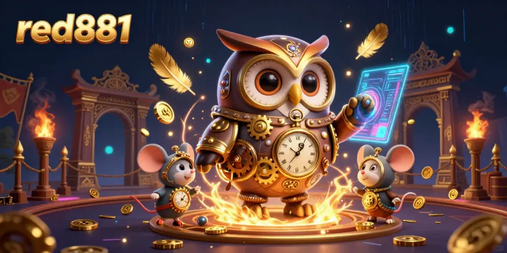 Engage with red881's vibrant casino scene, where a steampunk owl and clockwork mouse explore a futuristic gambling arena.