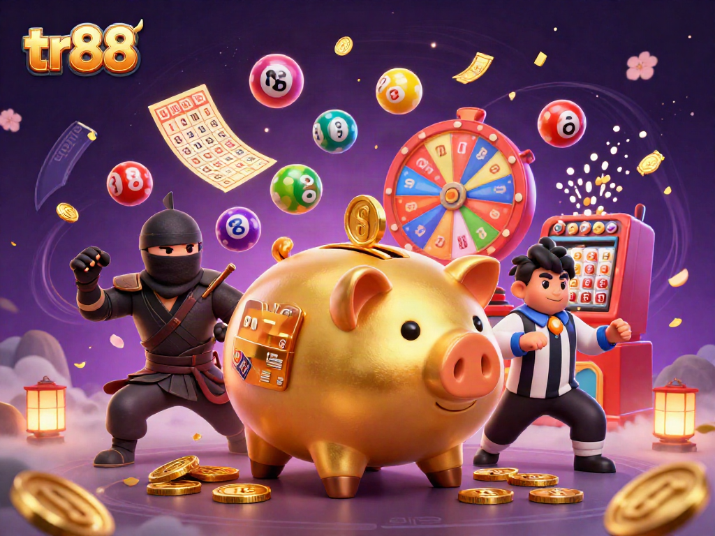 tr88 engages in vibrant gaming with piggy bank, ninja, and samurai amidst dynamic lottery elements.