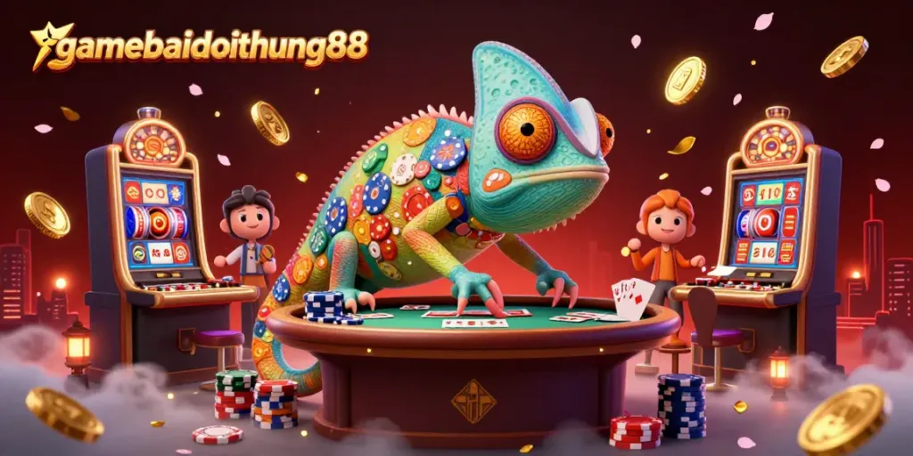 Experience the thrill of gamebaidoithuong88 with vivid casino scenes filled with chameleons and slot activity.
