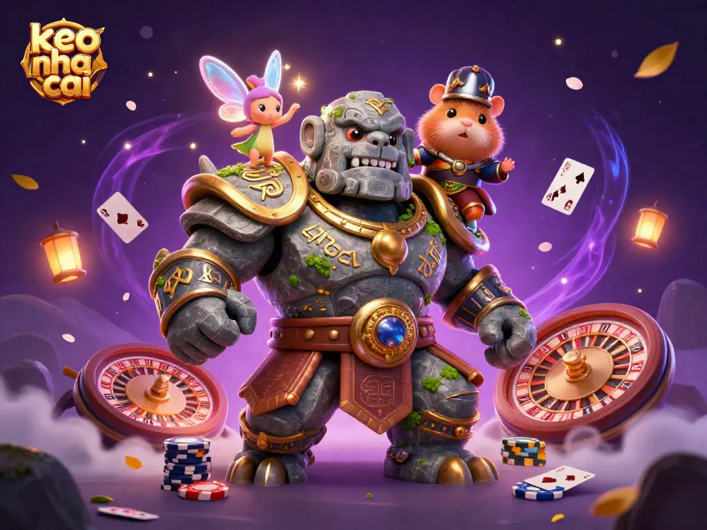 Engage with keo nha cai in a vibrant, dynamic gambling scene featuring a magical golem, fairy, and hamster knight.