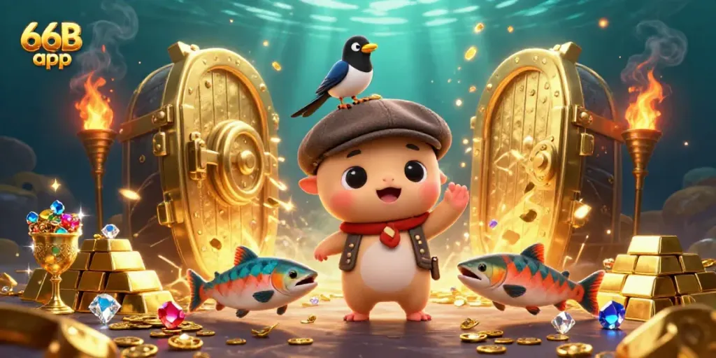Engage in thrilling gameplay with the 66B app featuring a charming 3D cartoon scene filled with gold treasures.
