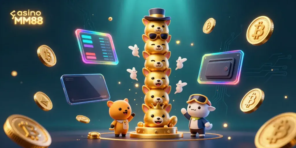 Experience the excitement of casino MM88 with a vibrant 3D scene featuring playful totem and crypto elements.