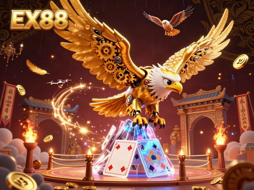 Experience the excitement of EX88 with dynamic card games and immersive gambling elements in a vibrant 3D design.