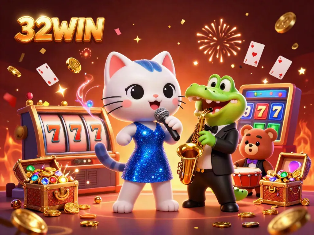 Experience the excitement of 32WIN with colorful characters celebrating at a casino stage.