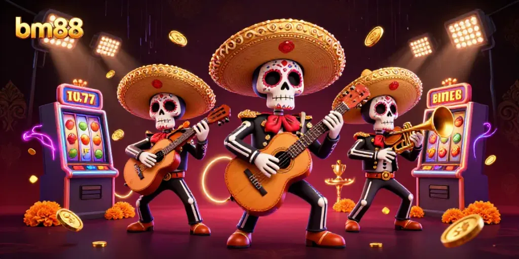 Experience the excitement of bm88 with a vibrant Day of the Dead mariachi band amidst casino elements.