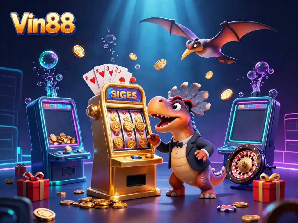 Experience winning at Vin88 with a cartoon dinosaur hitting a jackpot as gold coins rain down.