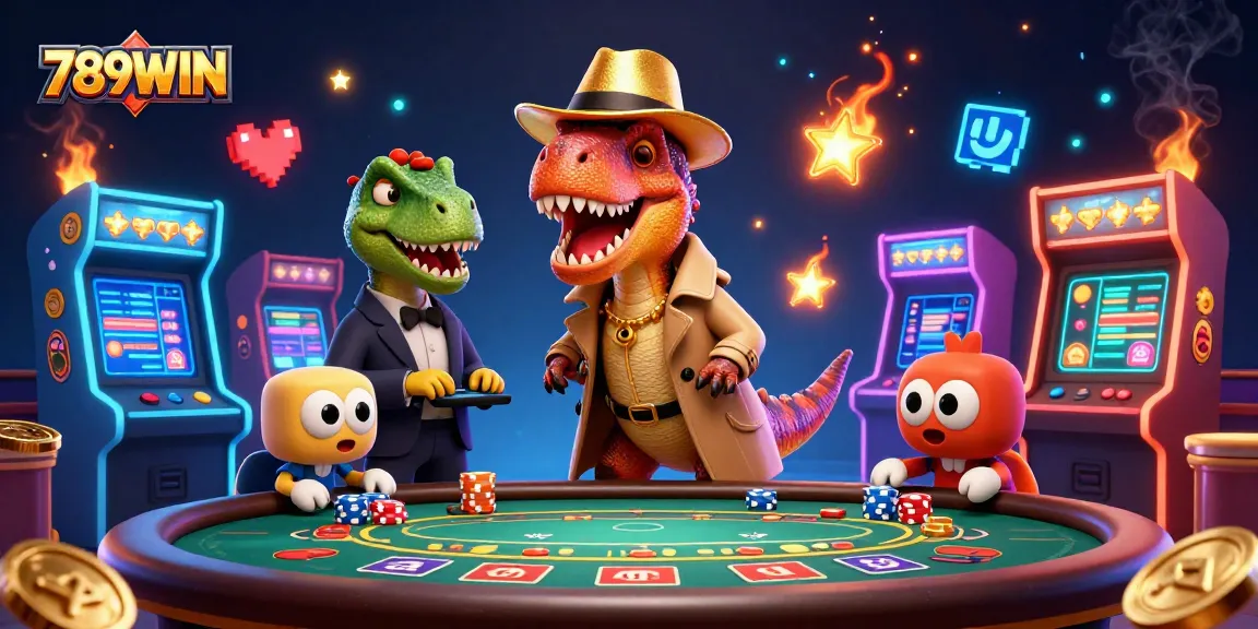 Engage with exciting 789WIN casino action featuring cartoon velociraptor and stegosaurus at a blackjack table.