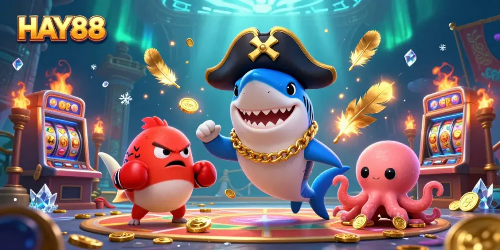 Experience excitement at HAY88 with a pirate shark, pufferfish, and octopus surrounded by slot games.