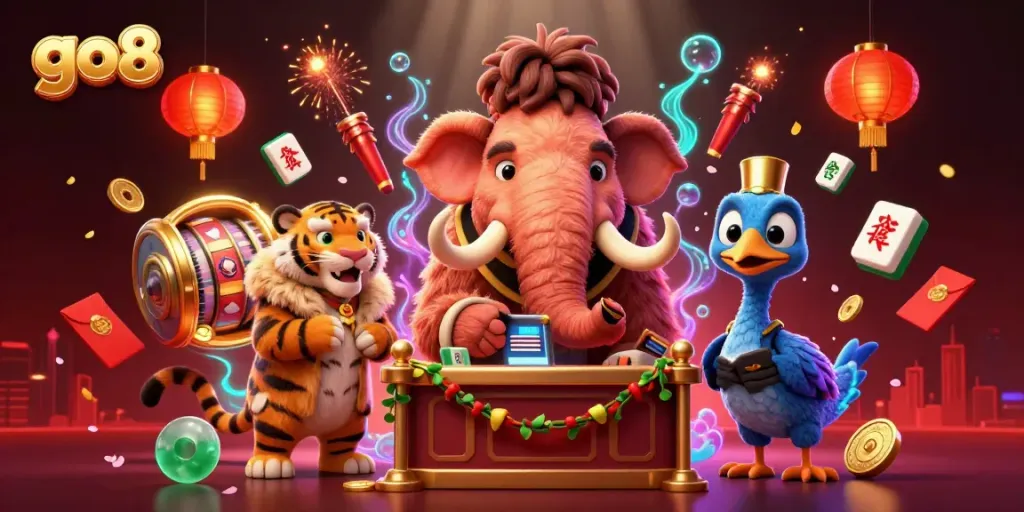 Experience go8's vibrant casino scene with a bouncer and VIP guests amidst slot reels and festive decor.