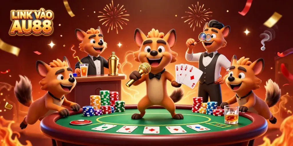 Engage with exciting casino humor at LINK VÀO AU88 featuring hyenas in a lively comedy club setting.