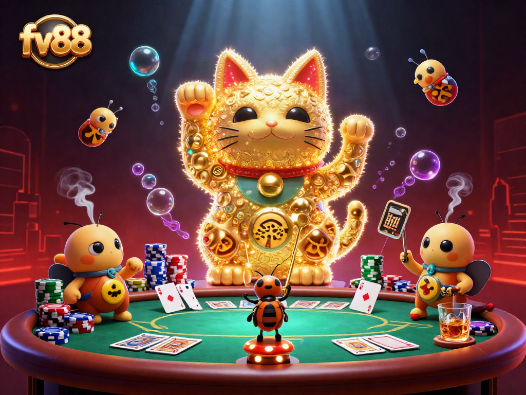 Experience the vibrant fv88 casino world with golden fireflies and lucky cat symbols.