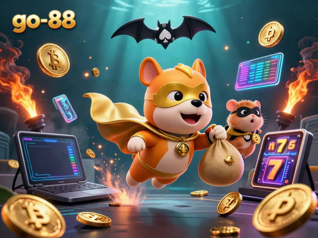Experience excitement at go-88 with a superhero dog and hamster amid a dynamic casino scene.