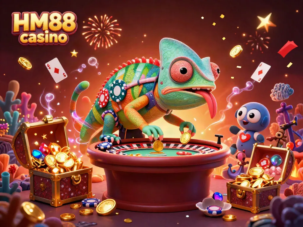 Experience the thrills of HM88 casino with a vibrant scene of a chameleon casino owner amidst gold treasures and festive decorations.