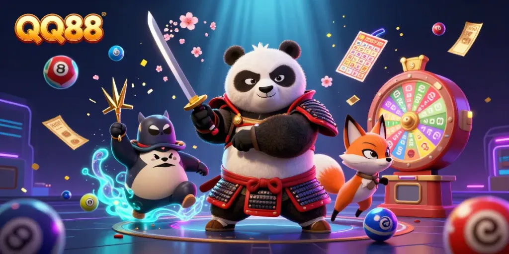 Experience QQ88 with lively lottery elements featuring a samurai panda, ninja fox, and magical tanuki.