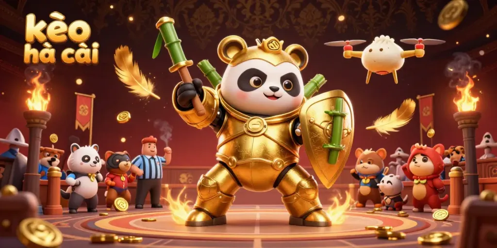 Engage with kèo nhà cái at an animated sports betting arena featuring a mech-suit golden panda leading the action.