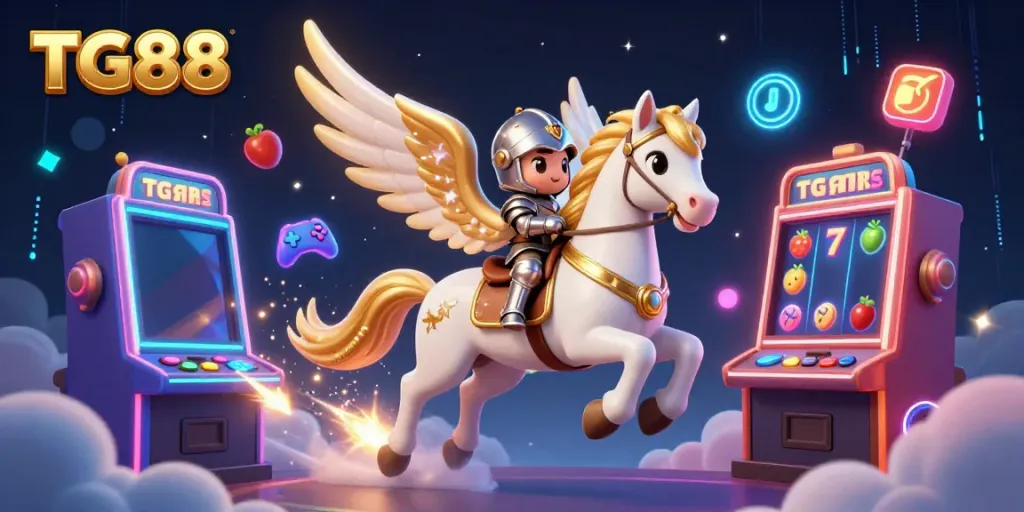 Experience the magic of TG88 with a celestial horse and colorful slot machines in this vibrant casino scene.