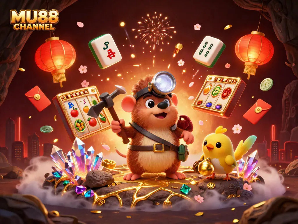 Spin and win with MU88 CHANNEL's thrilling slot games depicted in a vibrant, dynamic scene.