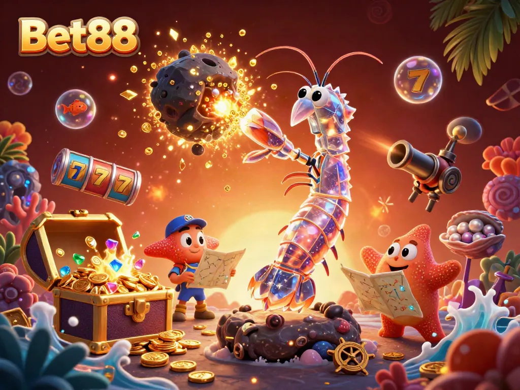 Bet88 features an epic galactic samurai mantis shrimp battling through an asteroid, bursting with coins and gems.