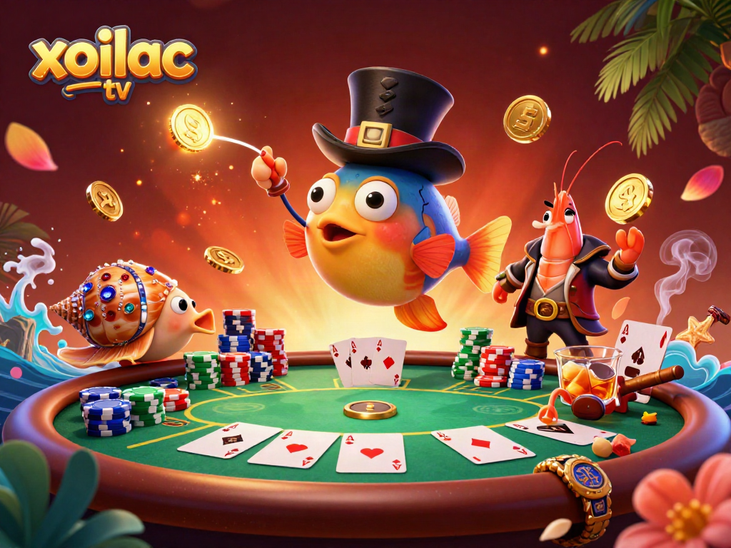 Experience excitement with xoilac tv as the anglerfish attracts coins in a vibrant casino scene.