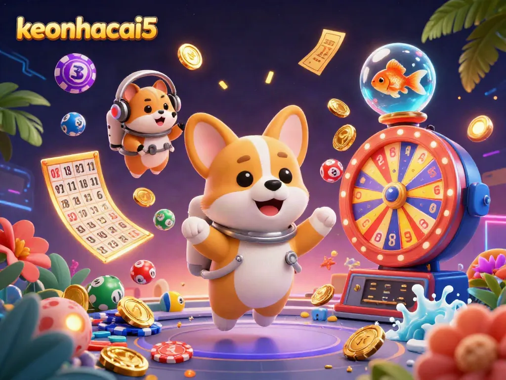 Engage in thrilling lottery actions with keonhacai5's vibrant animated scene featuring a corgi and floating elements.