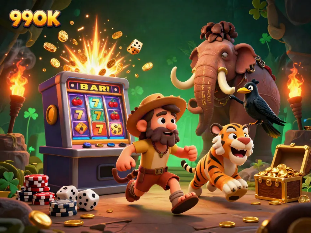 Experience the thrill of winning at 99OK with a lively cartoon casino scene and exotic characters.