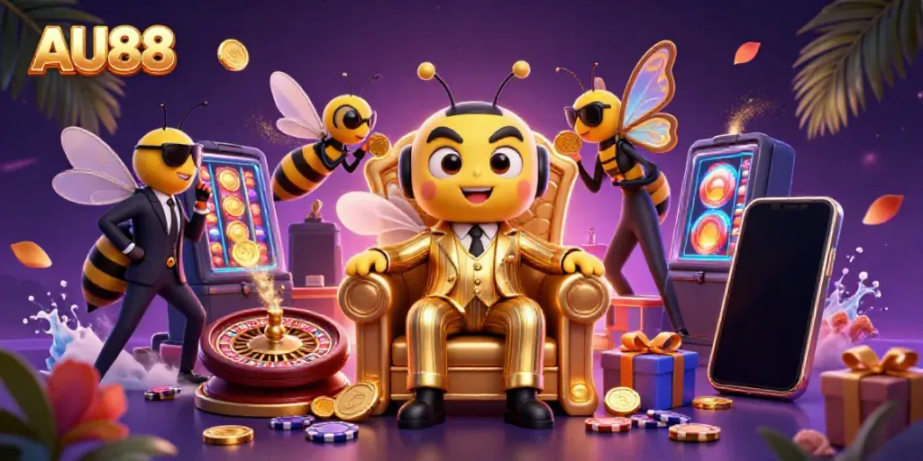 Experience the exciting AU88 casino scene with a mob boss, bodyguards, and Butterfly in a vibrant setting.