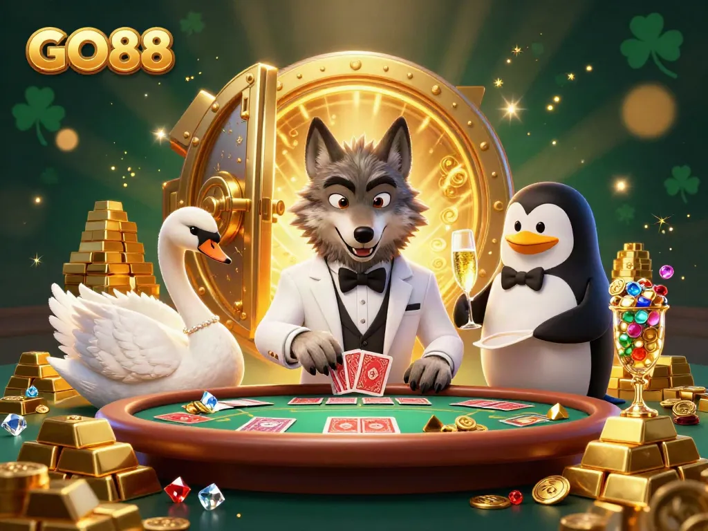 Experience the excitement of GO88 with a debonair wolf and elegant swan at a lavish baccarat table.
