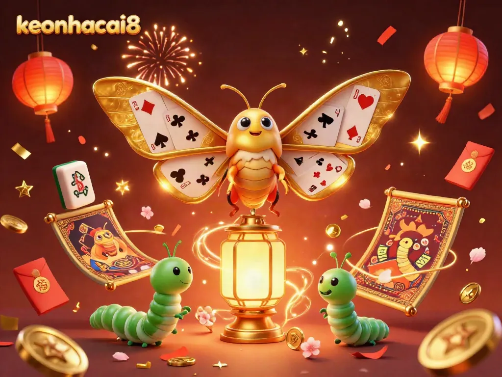 Experience keonhacai8's enchanting casino world with a vibrant 3D moth scene full of gaming elements.