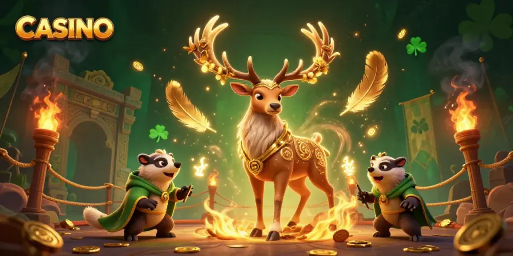 Experience thrilling casino action with a majestic stag, wise badger, and magical lights