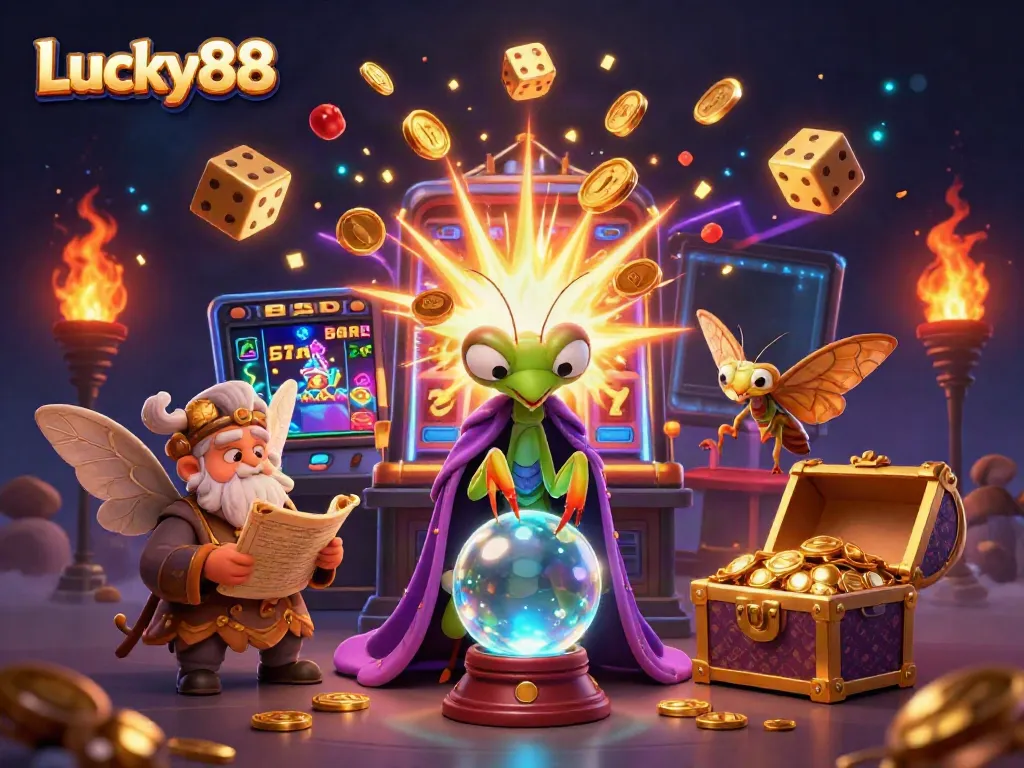 Experience the vibrant winning atmosphere of Lucky88 with a mystical theme and casino elements.