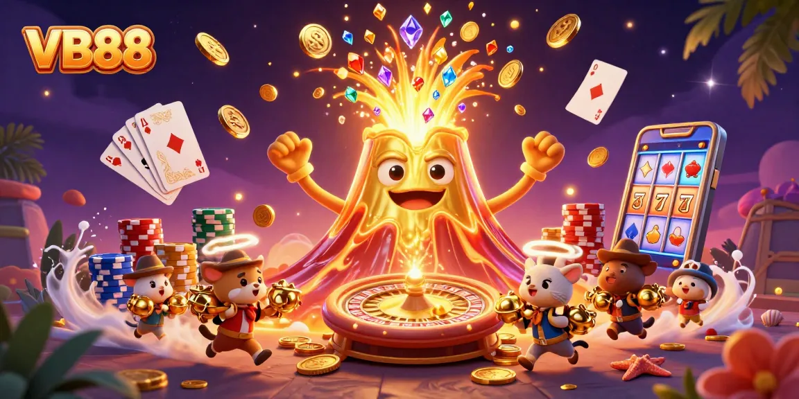 VB88 backdrop highlighting a golden volcano erupting with casino treasures and game elements.