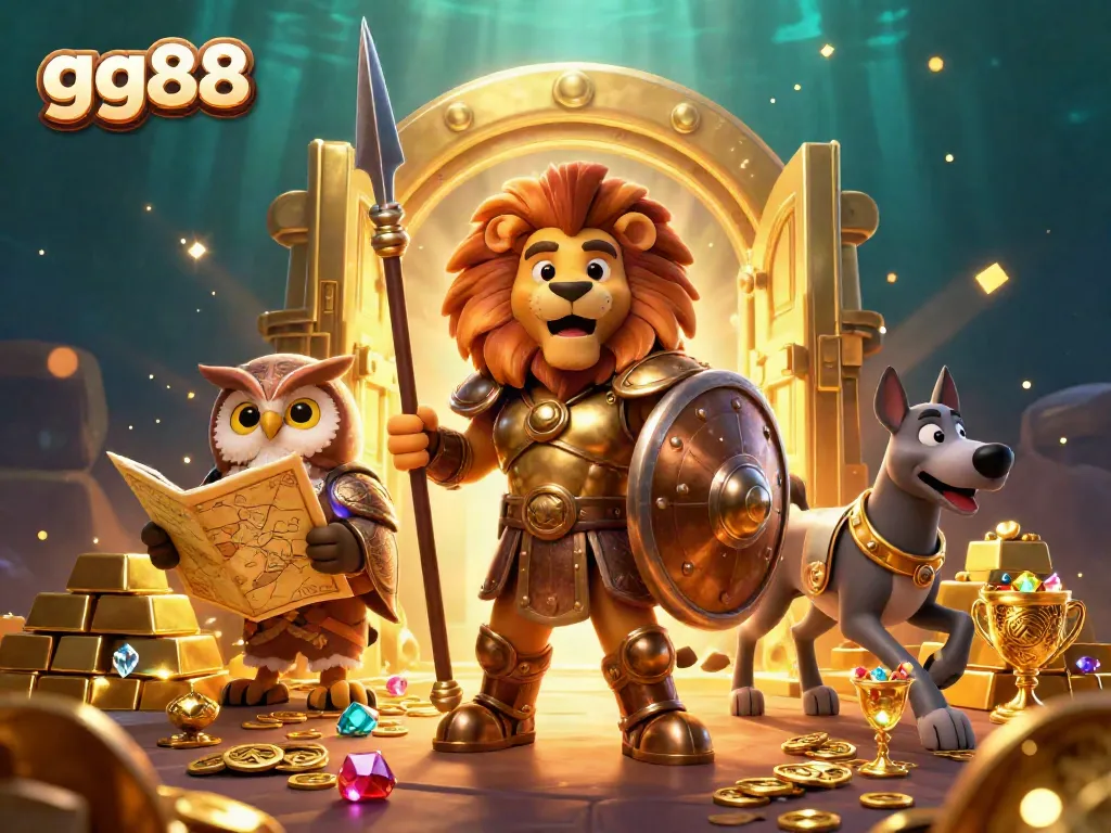 Engage in thrilling gameplay with GG88, a 3D cartoon featuring a Spartan lion, tactical owl, and greyhound amidst treasures and casino elements.