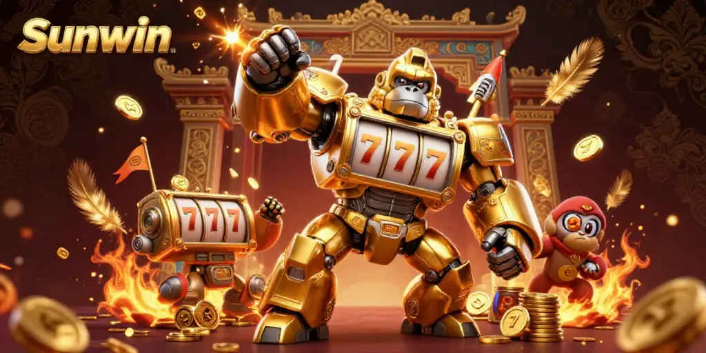 Experience the excitement of Sunwin as the golden gorilla mech beats the jackpot with spinning reels.