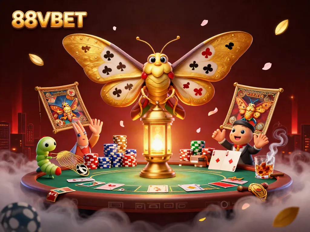 88VBET showcases an enchanting 3D scene with a majestic moth and vibrant casino elements