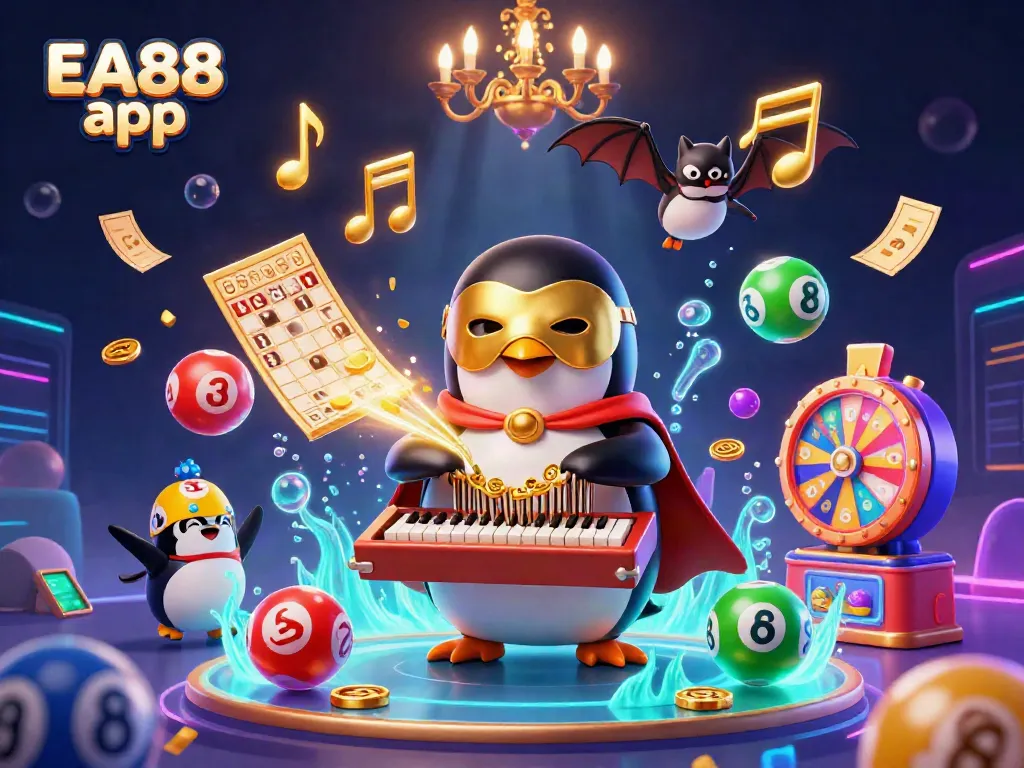 Experience the EA88 app with vibrant games and bonuses in this engaging illustration.