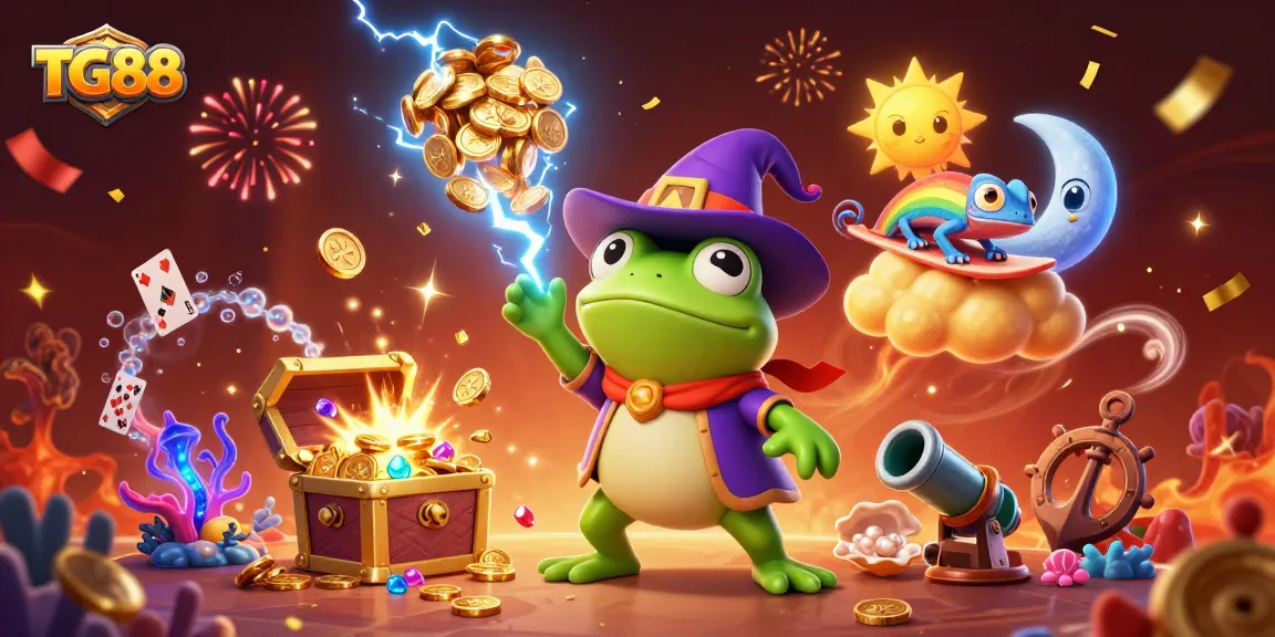 Experience the magic of TG88 with our vibrant casino adventure featuring wizard frogs and chameleons.