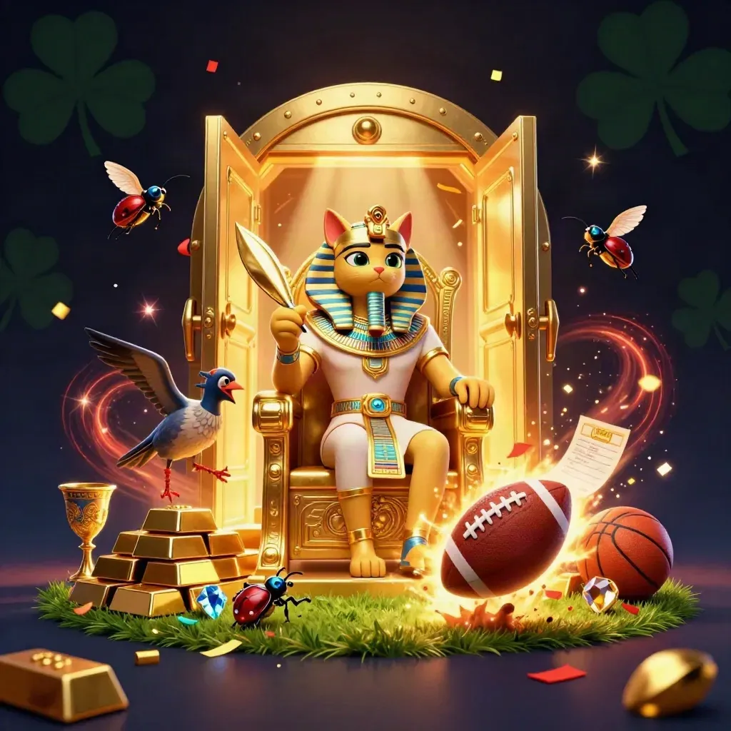 Pharaoh cat, ibis scribe, and scarabs amid a flying football, gold vault glow, and casino riches.