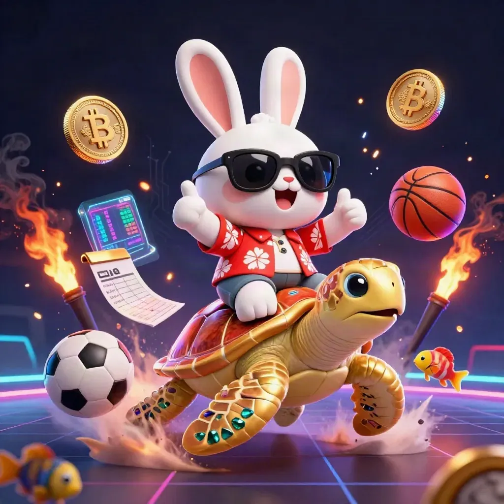 Lucky rabbit on a gold turtle amid sports balls, crypto coins and neon casino effects.