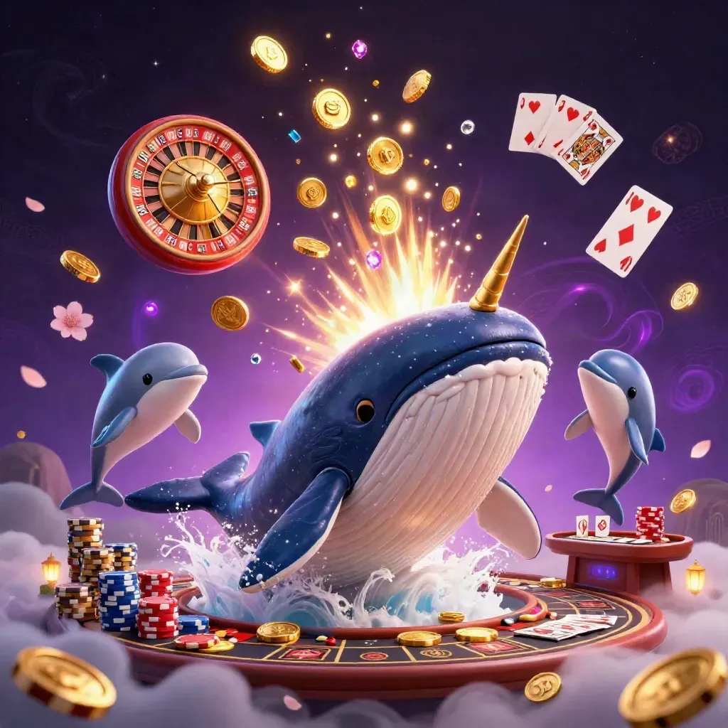Giant cartoon whale captain, narwhal and dolphins burst through coins, gems and casino lights.