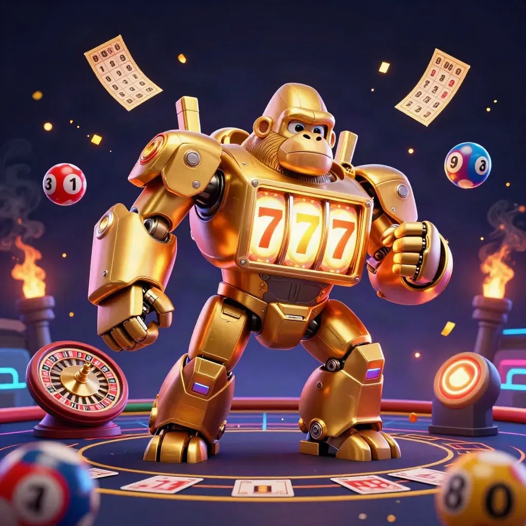 Golden gorilla mech with tiny pilot amid casino props and neon firelight.