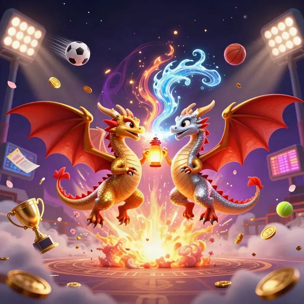 Gold and silver dragons with sports balls, trophy, coins, and magical casino lights