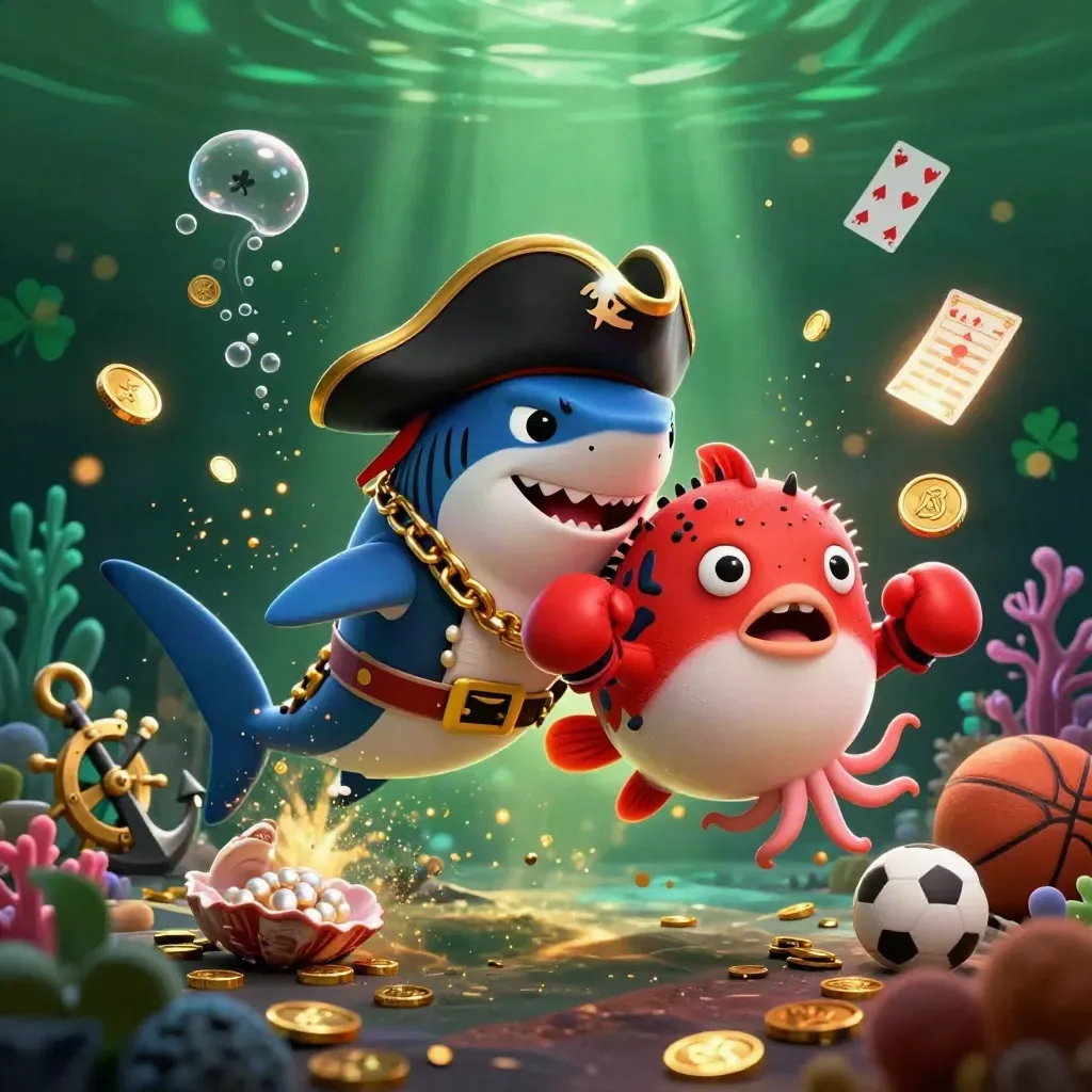 Pirate shark, boxing pufferfish and juggling octopus amid casino treasure, sports balls and glowing lights