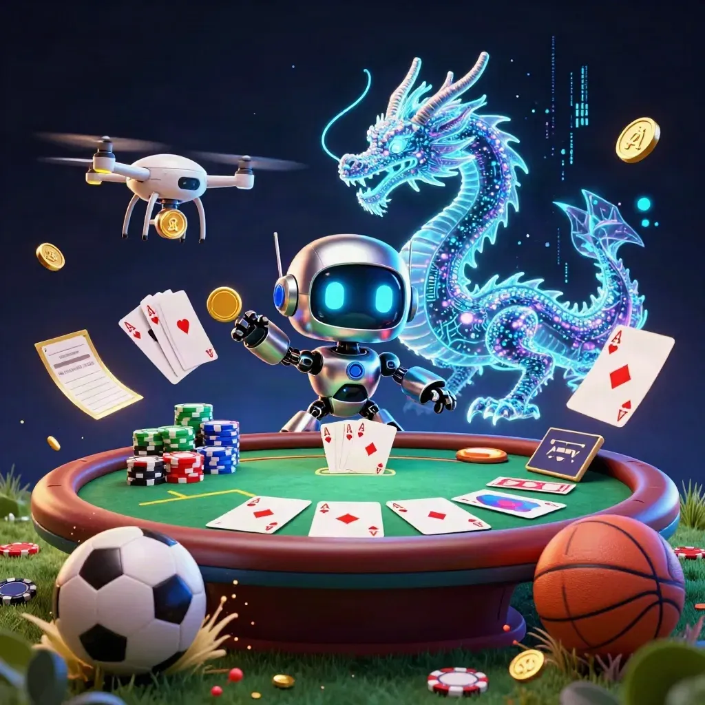 Robot, dragon and drone erupt around poker chips, balls, and neon casino energy.