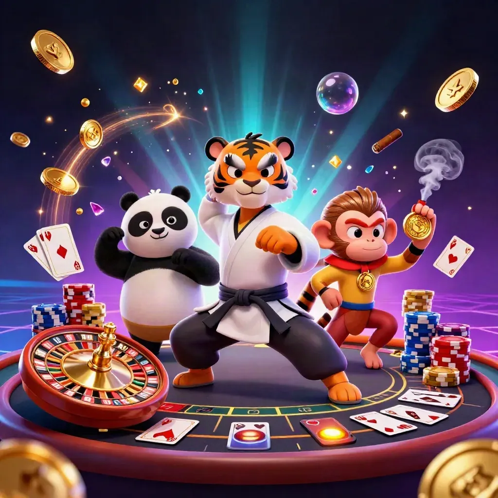 Kung-fu tiger, panda, and monkey in a glowing casino scene with coins, roulette, cards, and chips.