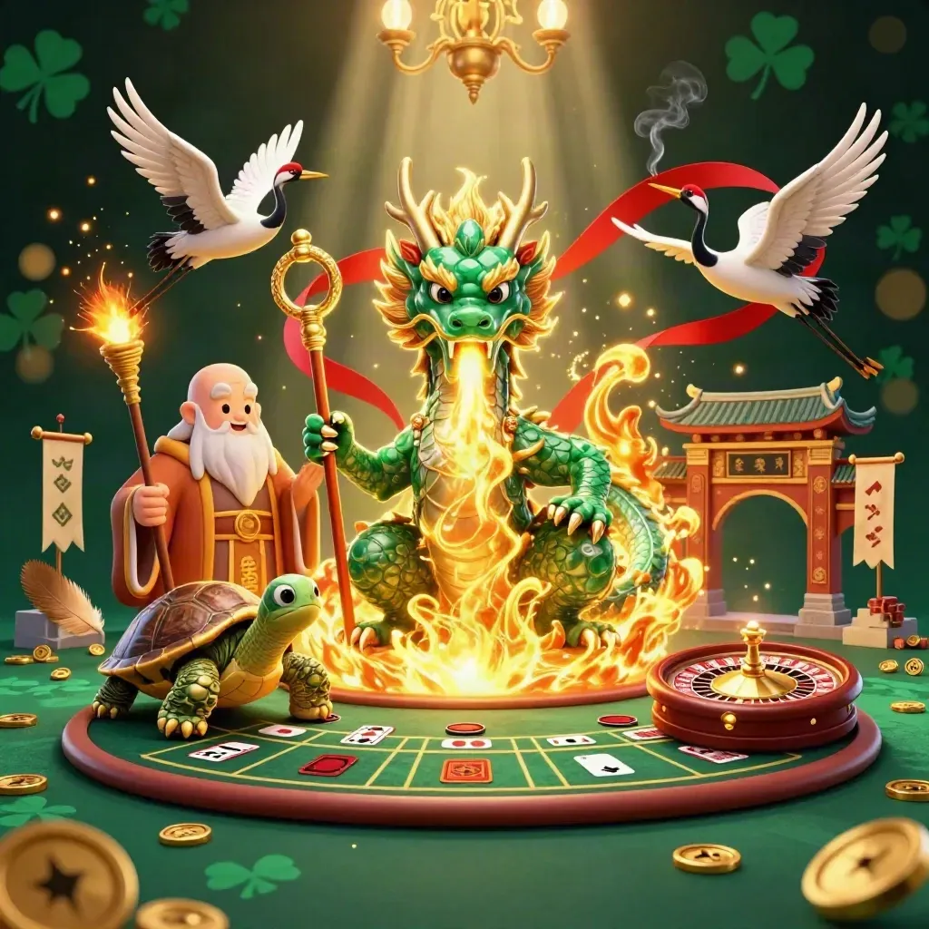 Dragon, turtle sage, and cranes amid casino luxury and glowing golden fire in a dark emerald hall