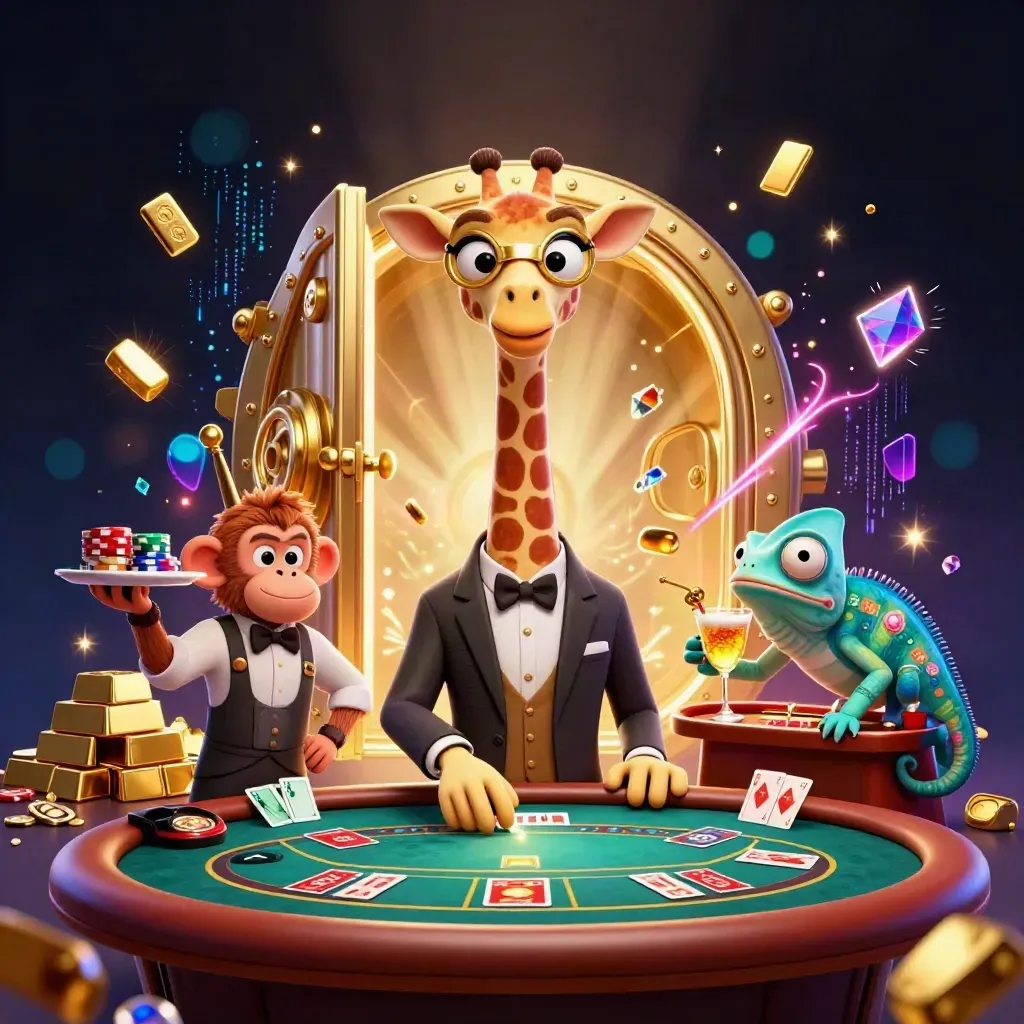 Giraffe, monkey valet and chameleon bartender in a glowing vault casino scene