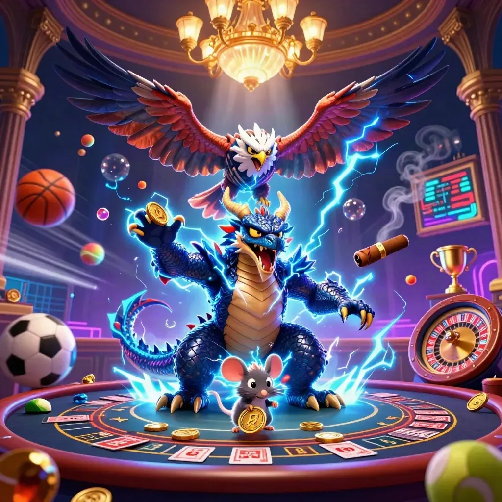 Thunder dragon trio amid casino glow, sports balls, trophy, roulette wheel, neon grid.